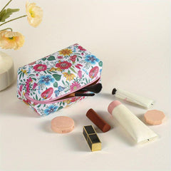 Flower Plant Print Makeup Bag PU Zipper Roomy Square Makeup Pouch
