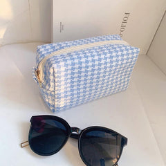 Pink Grid Print Cosmetic Canvas Bag Women Girls Travel Toiletry Makeup Bag