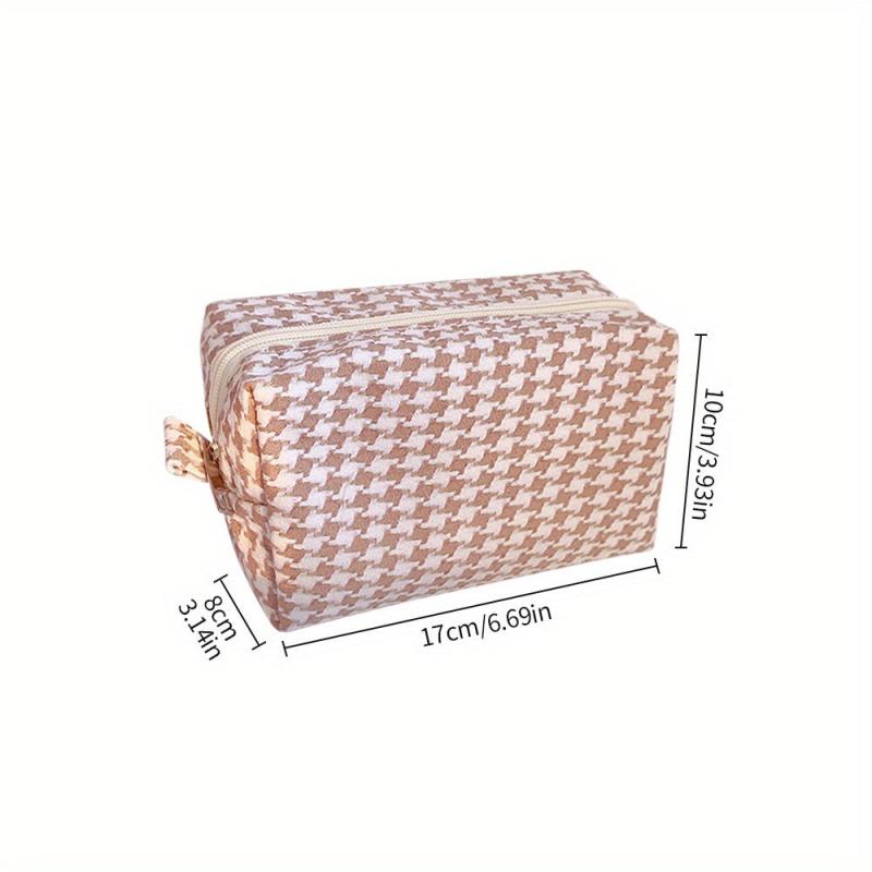 Pink Grid Print Cosmetic Canvas Bag Women Girls Travel Toiletry Makeup Bag