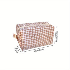 Pink Grid Print Cosmetic Canvas Bag Women Girls Travel Toiletry Makeup Bag