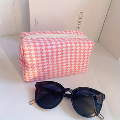 Pink Grid Print Cosmetic Canvas Bag Women Girls Travel Toiletry Makeup Bag