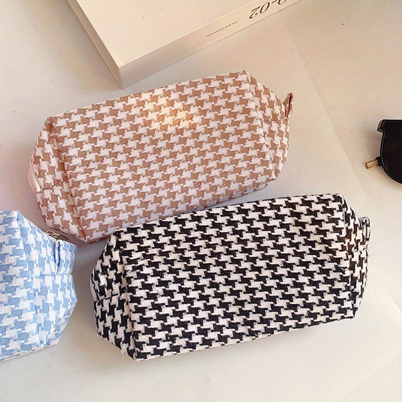 Pink Grid Print Cosmetic Canvas Bag Women Girls Travel Toiletry Makeup Bag