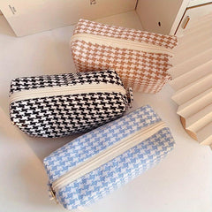 Pink Grid Print Cosmetic Canvas Bag Women Girls Travel Toiletry Makeup Bag