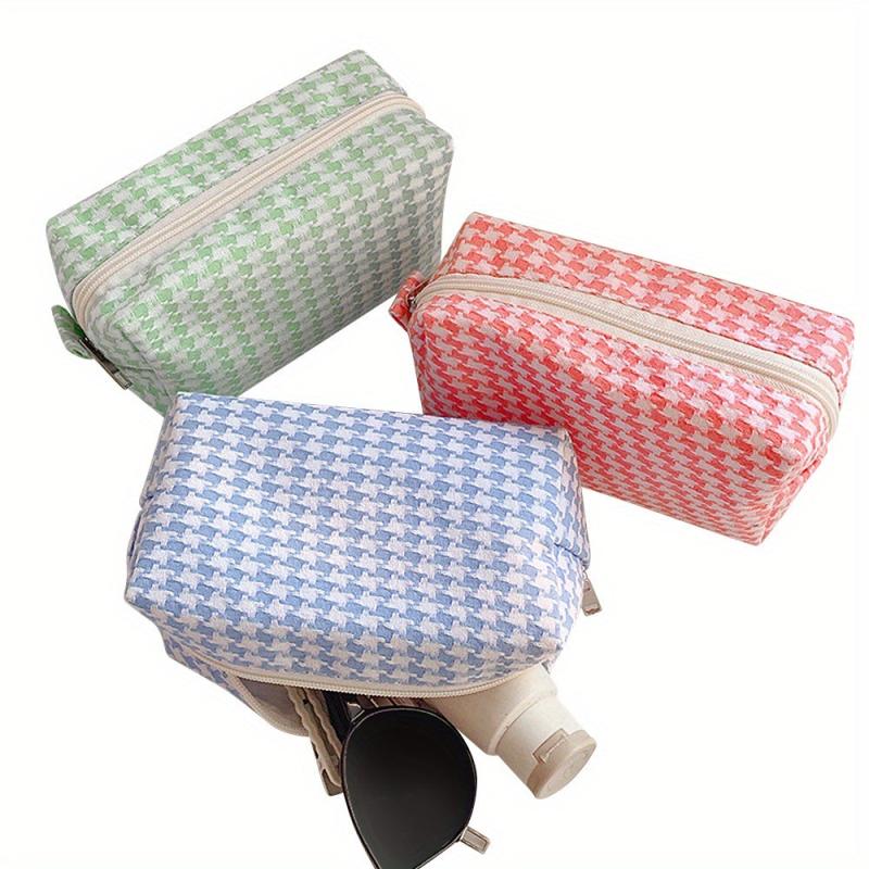 Pink Grid Print Cosmetic Canvas Bag Women Girls Travel Toiletry Makeup Bag