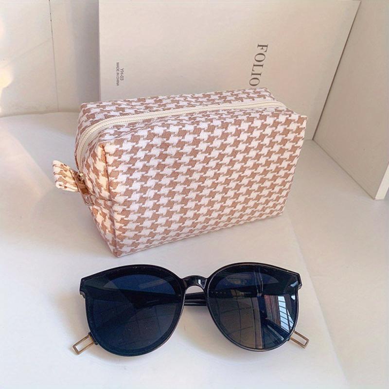 Pink Grid Print Cosmetic Canvas Bag Women Girls Travel Toiletry Makeup Bag