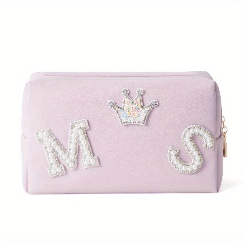 Preppy Makeup Organizer Bag with Letter Patch Waterproof Cosmetic Bag