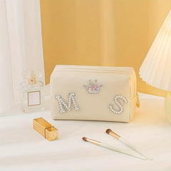 Preppy Makeup Organizer Bag with Letter Patch Waterproof Cosmetic Bag