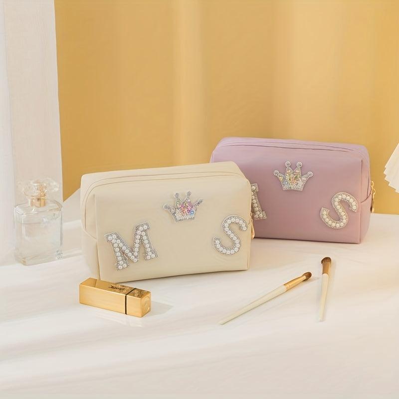 Preppy Makeup Organizer Bag with Letter Patch Waterproof Cosmetic Bag