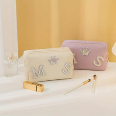 Preppy Makeup Organizer Bag with Letter Patch Waterproof Cosmetic Bag