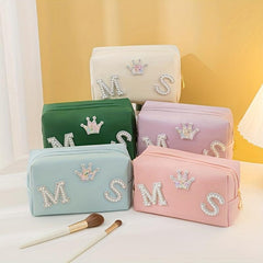 Preppy Makeup Organizer Bag with Letter Patch Waterproof Cosmetic Bag