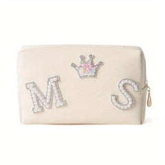Preppy Makeup Organizer Bag with Letter Patch Waterproof Cosmetic Bag