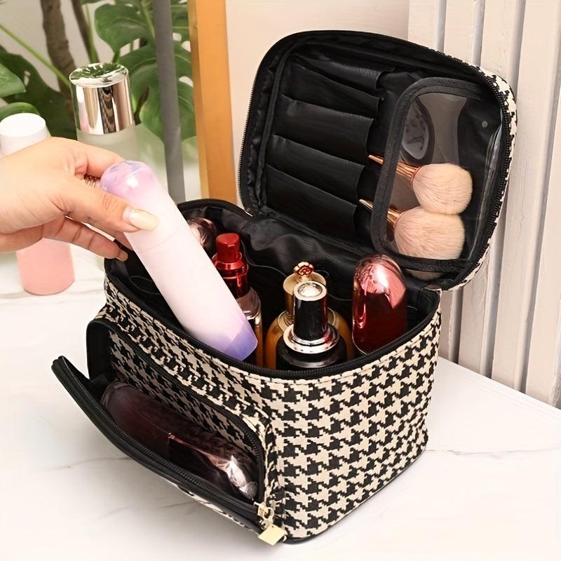 Houndstooth Travel Makeup Bag Organizer Cosmetic Case Zipper Toiletry Storage