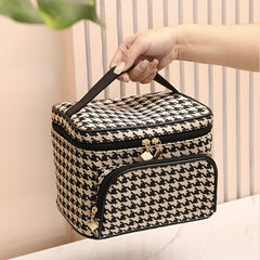 Houndstooth Travel Makeup Bag Organizer Cosmetic Case Zipper Toiletry Storage
