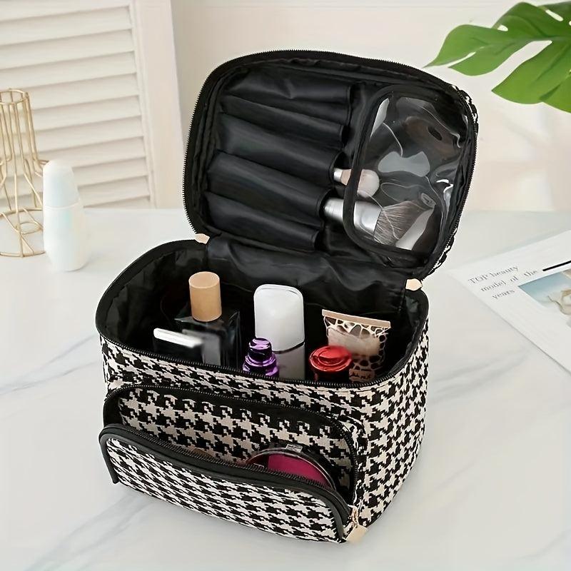 Houndstooth Travel Makeup Bag Organizer Cosmetic Case Zipper Toiletry Storage
