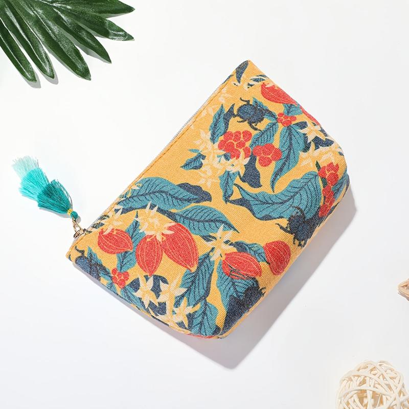 Vintage Floral Pattern Cosmetic Bag Canvas Roomy Zipper Makeup Bag