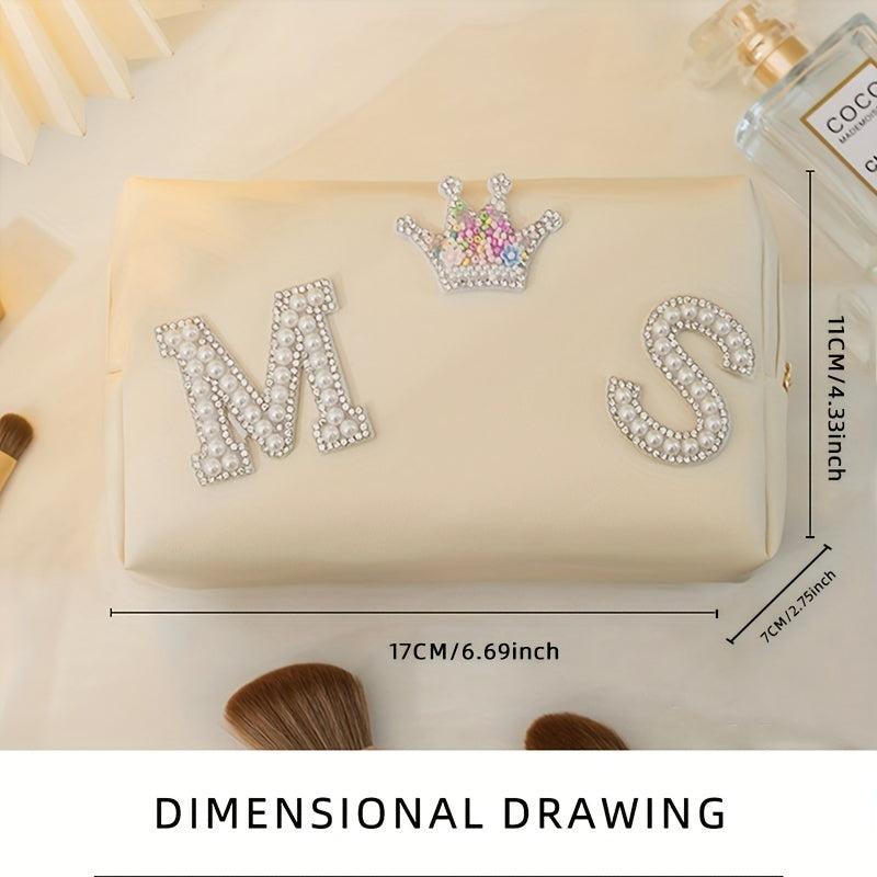 Pearl Rhinestone Varsity Letter Patches Makeup Bag