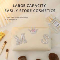 Pearl Rhinestone Varsity Letter Patches Makeup Bag