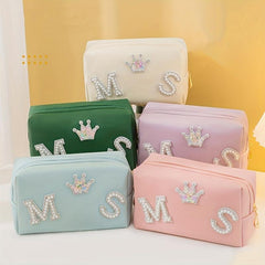 Pearl Rhinestone Varsity Letter Patches Makeup Bag