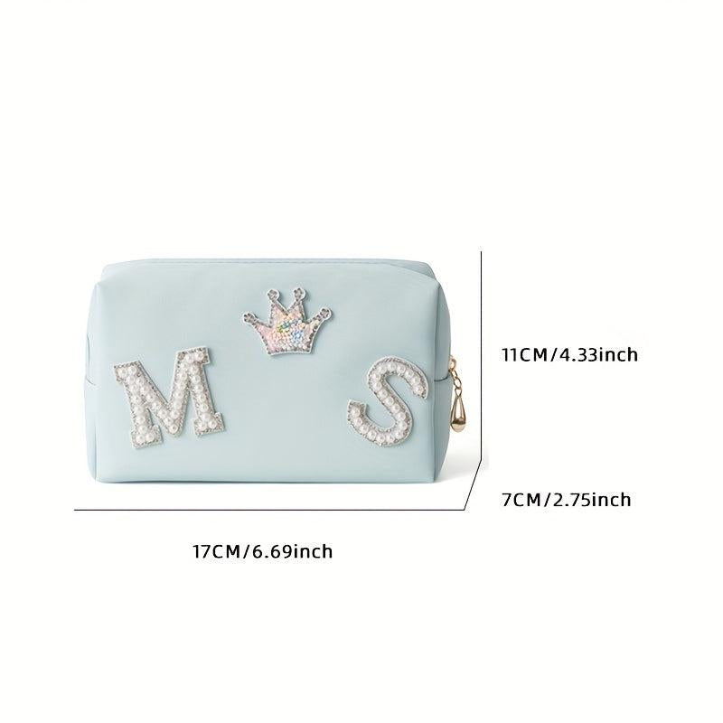 Pearl Rhinestone Varsity Letter Patches Makeup Bag