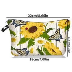 Sunflower Print Cosmetic Bag Roomy Makeup Travel Toiletry Organizer