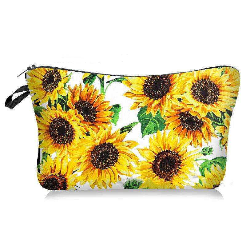 Sunflower Print Cosmetic Bag Roomy Makeup Travel Toiletry Organizer