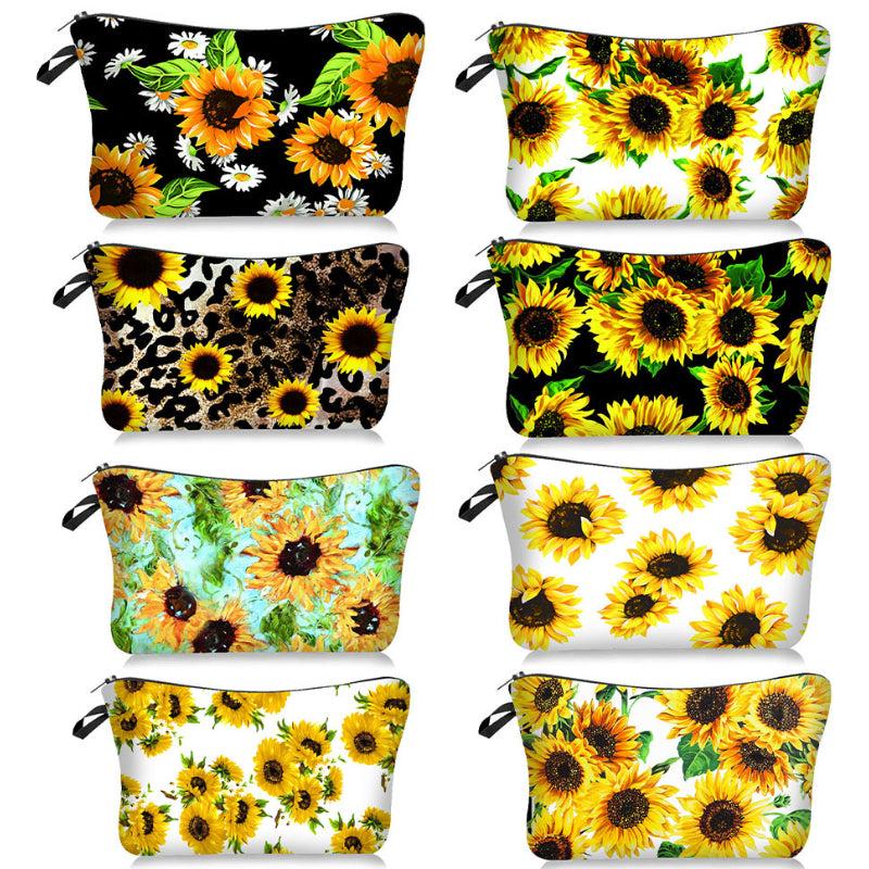 Sunflower Print Cosmetic Bag Roomy Makeup Travel Toiletry Organizer