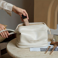 Double Layer Large Capacity Cosmetic Bag with Brush Organizer for Women