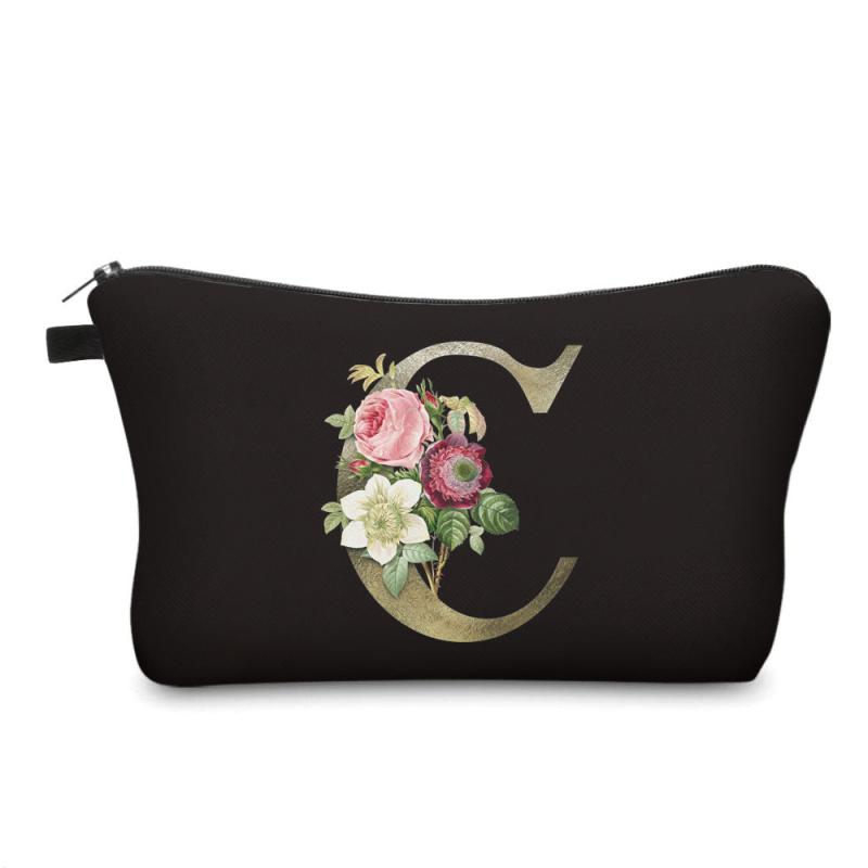 3D Floral Letter Pattern Cosmetic Bag Travel Toiletry Bag for Women