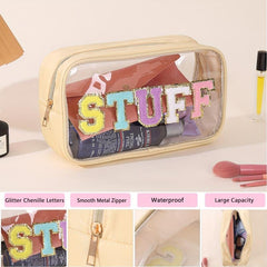 Chenille Letter Patch Bag Preppy Makeup Cosmetic Pouch PVC Nylon Travel Toiletry