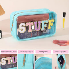 Chenille Letter Patch Bag Preppy Makeup Cosmetic Pouch PVC Nylon Travel Toiletry