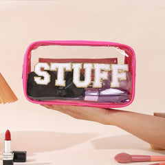 Chenille Letter Patch Bag Preppy Makeup Cosmetic Pouch PVC Nylon Travel Toiletry