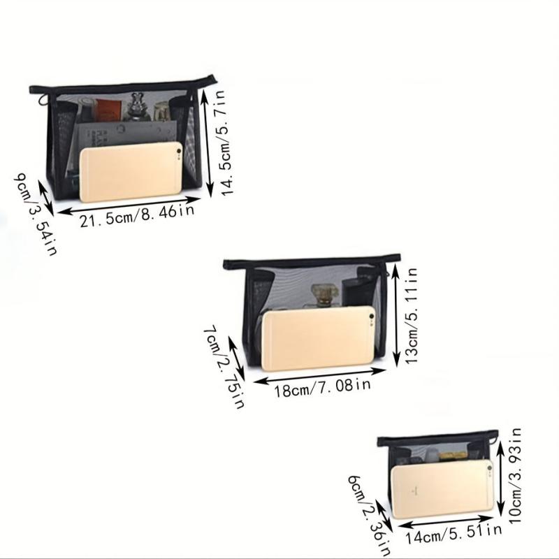 3pcs Clear Mesh Makeup Bag Cosmetic Zipper Pouch Travel Storage Organizer