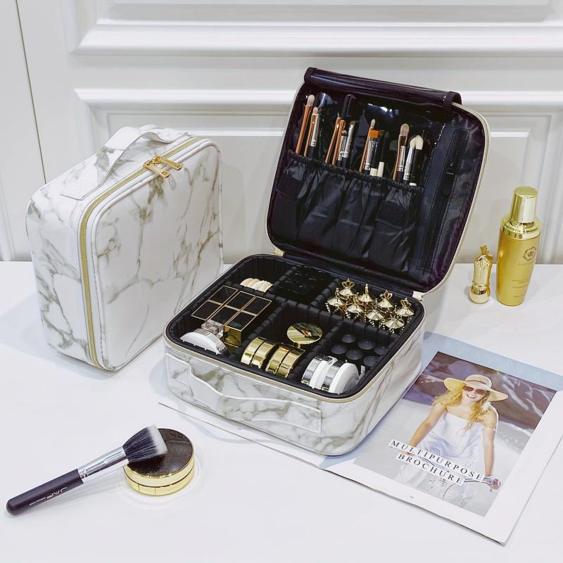 Marble Pattern Travel Makeup Case Organizer Adjustable Dividers