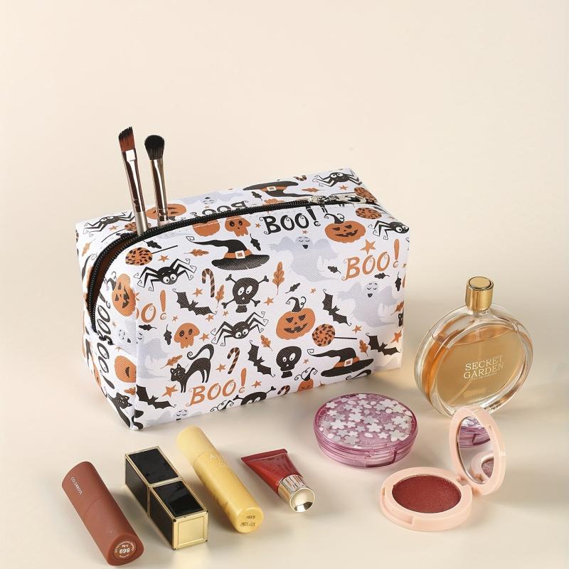 Halloween Pumpkin & Spider Skull Print Makeup Bag