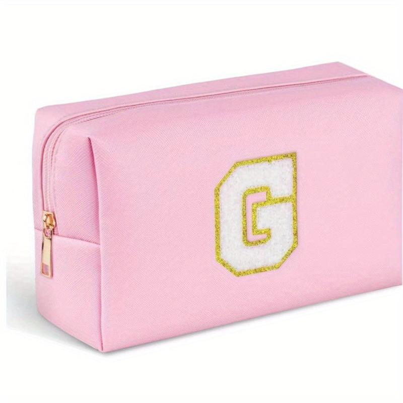 Preppy Makeup Bag With Zipper Chenille Letter Pink Travel Cosmetic Bag For Women
