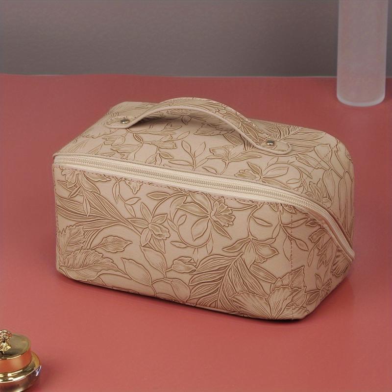 Embossed PU Leather Floral Makeup Bag with Handle