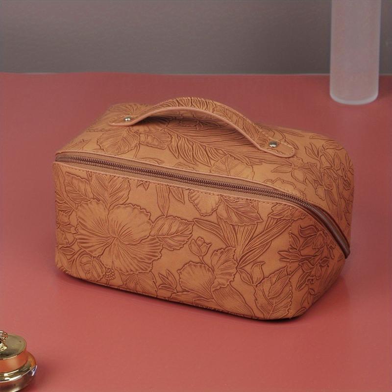 Embossed PU Leather Floral Makeup Bag with Handle