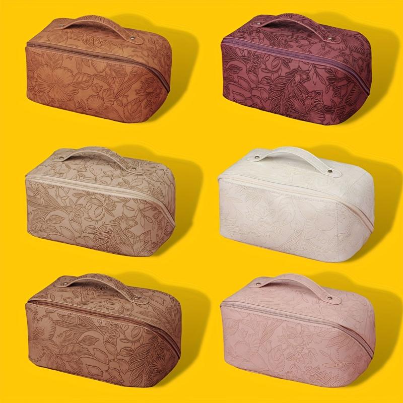 Embossed PU Leather Floral Makeup Bag with Handle