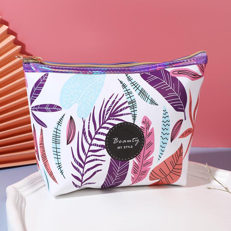Leaf Pattern Toiletry Travel Bag PU Waterproof Zipper Makeup Pouch