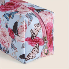 Butterfly Flower Pattern Makeup Bag Roomy Square PU Style Makeup Pouch Zipper