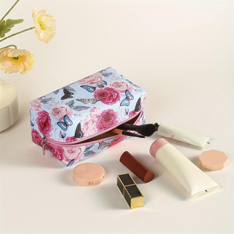 Butterfly Flower Pattern Makeup Bag Roomy Square PU Style Makeup Pouch Zipper