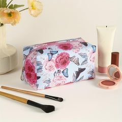 Butterfly Flower Pattern Makeup Bag Roomy Square PU Style Makeup Pouch Zipper