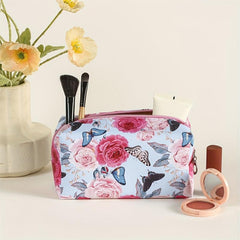 Butterfly Flower Pattern Makeup Bag Roomy Square PU Style Makeup Pouch Zipper