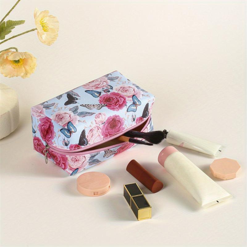 Butterfly Flower Pattern Makeup Bag Roomy Square PU Style Makeup Pouch Zipper