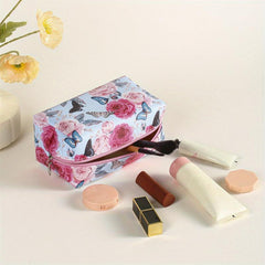 Butterfly Flower Pattern Makeup Bag Roomy Square PU Style Makeup Pouch Zipper