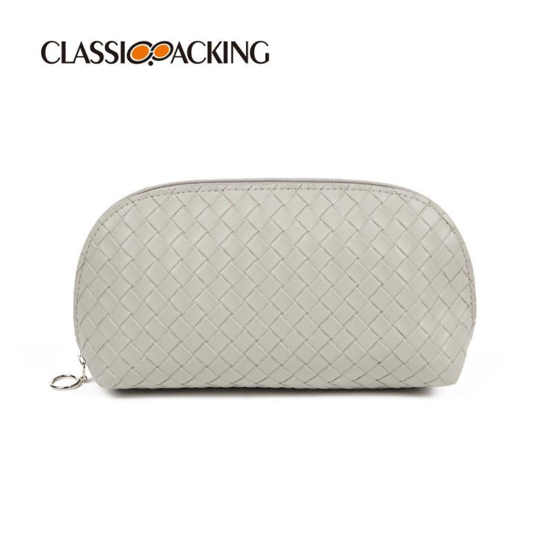 Classic Weaved Cosmetic Bag Waterproof PU Shell Zipper Makeup Pouch