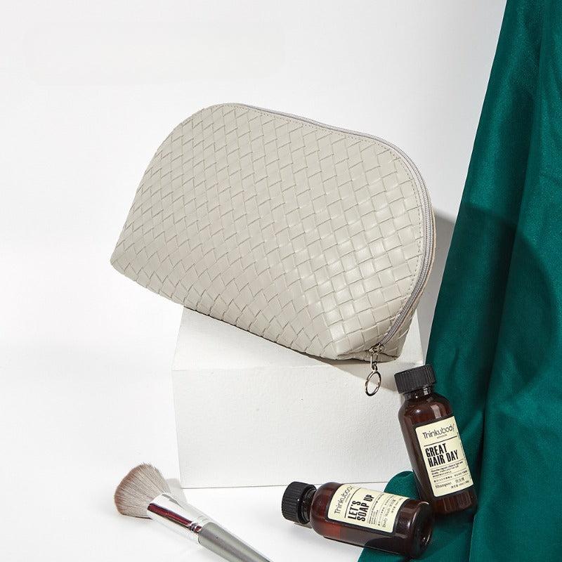 Classic Weaved Cosmetic Bag Waterproof PU Shell Zipper Makeup Pouch