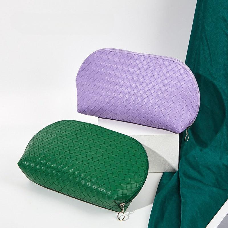 Classic Weaved Cosmetic Bag Waterproof PU Shell Zipper Makeup Pouch