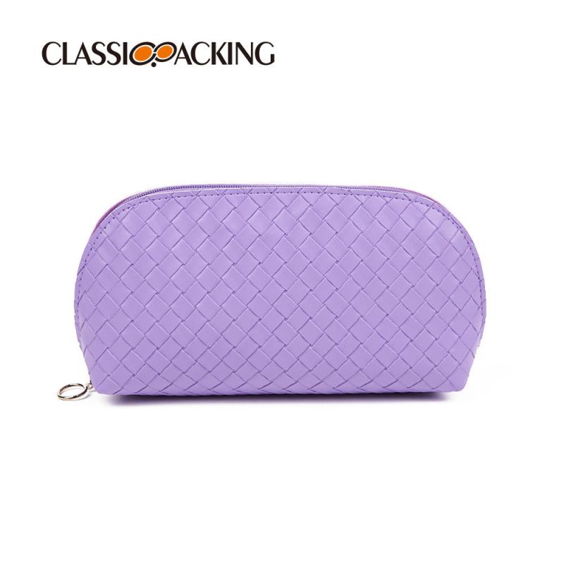 Classic Weaved Cosmetic Bag Waterproof PU Shell Zipper Makeup Pouch
