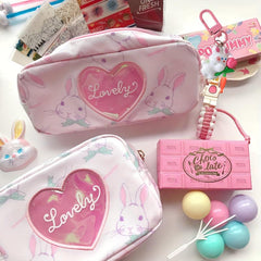 Rabbit Heart Cosmetic Bag & Keychain Pencil Case Makeup Pouch Organizer